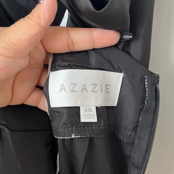 Azazie - Mero Black Sheath Pleated Metallic Satin Dress -Black. Size:A10. (1613) - Picture 4 of 16